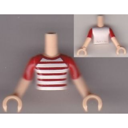 Torso Mini Doll Boy White T-Shirt with Red and White Stripes Pattern, Light Nougat Arms with Hands with Red Short Sleeves