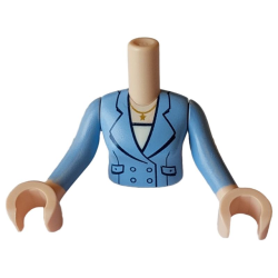 Torso Mini Doll Woman Bright Light Blue Jacket with Black Pockets, Buttons and Collar, Gold Necklace with Star over White Shirt Pattern, Light Nougat Arms with Hands with Bright Light Blue Long Sleeves