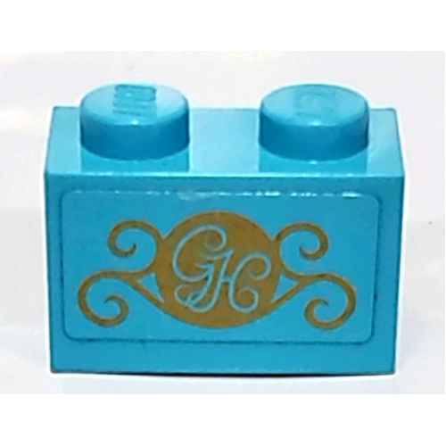 Деталь LEGO 3004pb141 Brick 1 x 2 with Gold 'GH' and Swirls Pattern (Sticker) - Set 41101