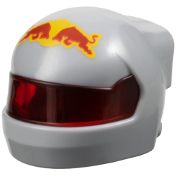 Minifigure, Headgear Helmet Formula 1 with Molded Trans-Red Visor and Printed Red and Yellow Red Bull Logo Pattern Minifigure, Headgear Helmet Formula 1 with Molded Trans-Red Visor and Printed Red and Yellow Red Bull Logo Pattern