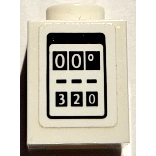 Деталь LEGO 3005pb067 Brick 1 x 1 with Gas / Fuel Pump with '00°' and '320' on Black Rectangles Pattern (Sticker) - Set 75889