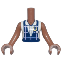 Torso Mini Doll Girl Dark Blue Gym Slip Top, Bright Pink Plaid with Gold Horseshoe over White Blouse Pattern, Medium Brown Arms with Hands