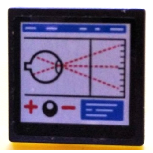 Деталь LEGO 15210pb125 Road Sign 2 x 2 Square with Open O Clip with Eyeball and Red Dotted Lines, Plus Sign, and Minus Sign on White Monitor Screen Pattern (Sticker) - Set 60204