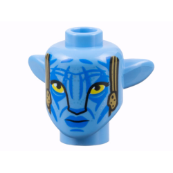 Minifigure, Head, Modified Alien Na'vi with Yellow Eyes, Silver Spots, Blue Markings and Lips, Dark Tan Tassels, Neutral Pattern Minifigure, Head, Modified Alien Na'vi with Yellow Eyes, Silver Spots, Blue Markings and Lips, Dark Tan Tassels, Neutral Pattern