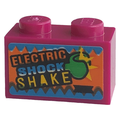 Деталь LEGO 3004pb309 Brick 1 x 2 with 'ELECTRIC SHOCK SHAKE' and Green Minifigure Hand Pattern (Sticker) - Set 76422
