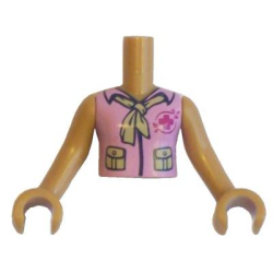 Torso Mini Doll Girl Bright Pink Blouse Top with Magenta Cross Logo and Dark Tan Scarf Pattern, Medium Nougat Arms with Hands