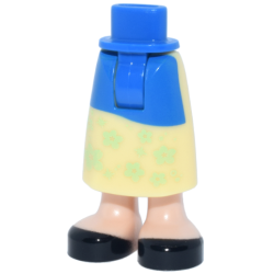 Mini Doll Hips and Bright Light Yellow Skirt Long with Molded Light Nougat Legs and Printed Blue Apron, Yellowish Green Flowers and Black Shoes Pattern - Thick Hinge Mini Doll Hips and Bright Light Yellow Skirt Long with Molded Light Nougat Legs and Printed Blue Apron, Yellowish Green Flowers and Black Shoes Pattern - Thick Hinge