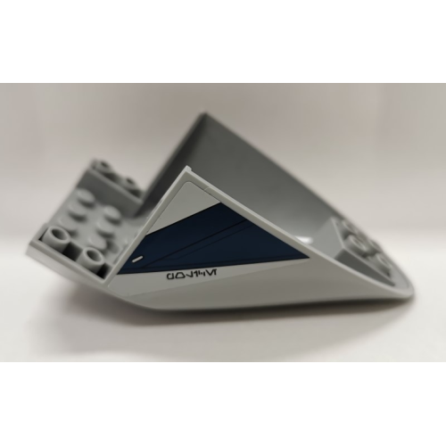 Деталь LEGO 87616pb016 Aircraft Fuselage Aft Section Curved Bottom 6 x 10 with Dark Blue Trapezoid and Aurebesh Characters 'POLICE' on Light Bluish Gray Background Pattern on Both Sides (Stickers) - Set 75046