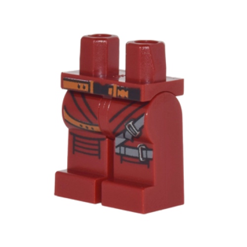 Деталь LEGO 970c00pb0653 Hips and Legs with Orange and Black Belt, Dark Bluish Gray Straps, Black Knee Pads Pattern