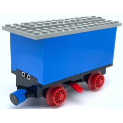 Train Battery Box Car with Three Contact Holes, Red Switch Lever, Blue and Red Magnets, Red Wheels, and Light Gray Roof