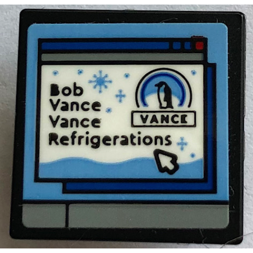 Деталь LEGO 15210pb150 Road Sign 2 x 2 Square with Open O Clip with Computer Screen, 'Bob Vance Vance Refrigerations', Penguin and Mouse Cursor Pattern (Sticker) - Set 21336