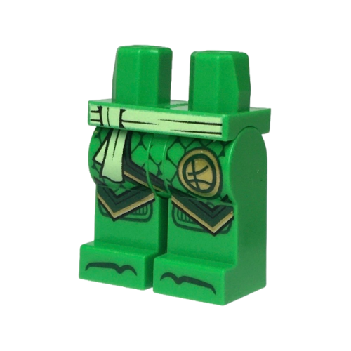 Деталь LEGO 970c00pb1647 Hips and Legs with Yellowish Green Sash, Ninjago Logogram Letter L in Circle, Dark Green Robe Ends with Gold Trim, Knee Pads and Toes Pattern