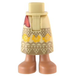 Mini Doll Hips and Skirt Long with Molded Medium Nougat Legs and Printed Dark Tan Panels and Triangles, Bright Light Orange Flowers and Red Sash Ends Pattern - Thick Hinge