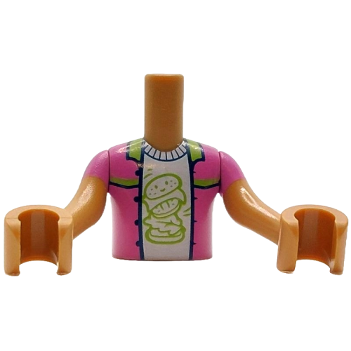 Деталь LEGO FTBpb134c01 Torso Mini Doll Boy Dark Pink Jacket Open with Lime Collar and Trim over White Shirt with Hamburger with Face Pattern, Medium Nougat Arms with Hands with Dark Pink Short Sleeves