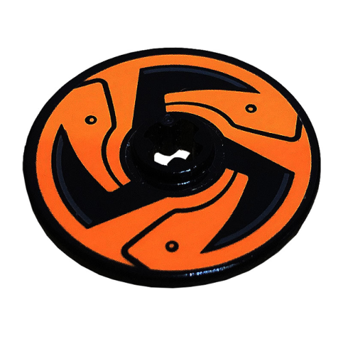 Деталь LEGO 2723pb093 Technic, Disk 3 x 3 with Black Blades and Circles on Orange Background Pattern (Sticker) - Set 70672