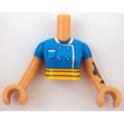 Torso Mini Doll Woman Dark Azure Chef Jacket with Pocket and White Trim, Dark Blue Neck and Bright Light Orange Apron Belt Pattern, Nougat Arms with Hands with Dark Azure Short Sleeves and Black Fish and Heart Tattoos on Left Arm
