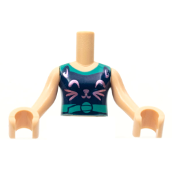 Torso Mini Doll Girl Dark Blue Cat Tank Top, Metallic Pink Cat Face, Dark Turquoise Collar and Belt Pattern, Nougat Arms with Hands