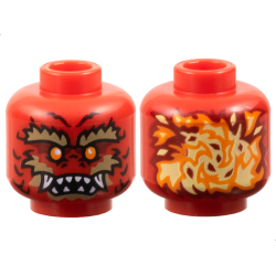 Minifigure, Head Alien Dragon with Orange Eyes, Dark Red Eye Shadow, Dark Tan Bushy Eyebrows, Cheeks and Chin, Scales, Nostrils, Open Mouth with Sharp Teeth Parted and Fangs, Bright Light Yellow Flames on Back Pattern