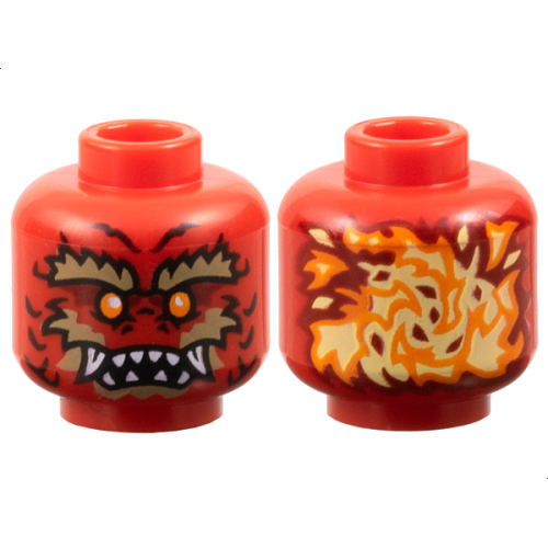 Деталь LEGO 3626pb3787 Minifigure, Head Alien Dragon with Orange Eyes, Dark Red Eye Shadow, Dark Tan Bushy Eyebrows, Cheeks and Chin, Scales, Nostrils, Open Mouth with Sharp Teeth Parted and Fangs, Bright Light Yellow Flames on Back Pattern