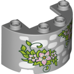 Cylinder Half 2 x 4 x 2 with 1 x 2 Cutout with White Stones and Lime Leaves with Bright Pink Flowers Pattern Cylinder Half 2 x 4 x 2 with 1 x 2 Cutout with White Stones and Lime Leaves with Bright Pink Flowers Pattern