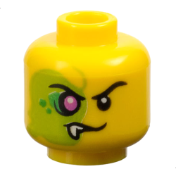 Minifigure, Head Alien Black Eyebrows, Evil Grin Left, Lime Face with Magenta Eye, Bright Green Scales, and White Fang Right Pattern