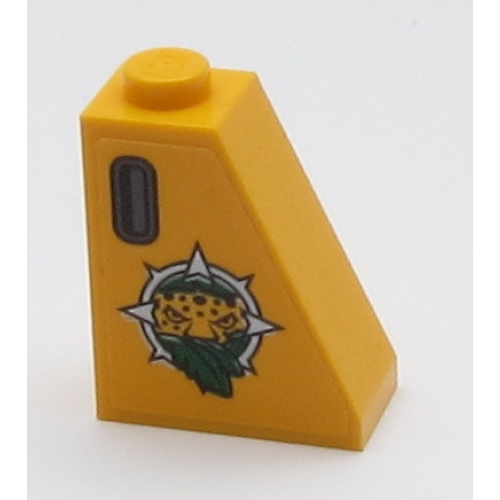 Деталь LEGO 60481pb011L Slope 65 2 x 1 x 2 with Leopard Head, Leaves and Dark Bluish Gray Handle Pattern Model Left Side (Sticker) - Set 60161