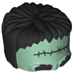 Minifigure, Headgear Head Top, Frankenstein Monster with Black Hair, Bushy Eyebrows and Small Stitches Pattern Minifigure, Headgear Head Top, Frankenstein Monster with Black Hair, Bushy Eyebrows and Small Stitches Pattern