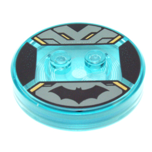 Деталь LEGO 18605c01pb01 Dimensions Toy Tag 4 x 4 x 2/3 with 2 Studs and Trans-Light Blue Bottom with Black Batman Logo on Dark Bluish Gray Background, Gold Highlights Pattern (Batman)