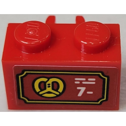 Brick, Modified 1 x 2 with Open O Clip Vertical with Yellow Pretzel and White '7-' Pattern (Sticker) - Set 10303