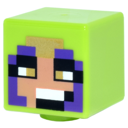 Minifigure, Head, Modified Cube with Pixelated Nougat Face, Black, Gold and White Eyes and Mouth, Dark Purple Hood Pattern (Minecraft Jungle Ranger)