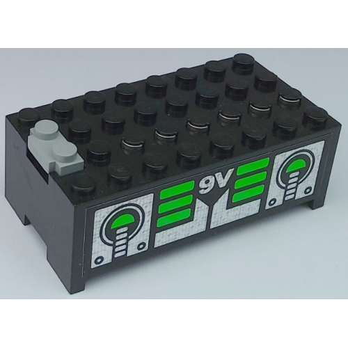 Деталь LEGO 4760c00pb06 Electric 9V Battery Box Small without Battery Cover with Unitron Silver / Green Pattern on Both Sides (Stickers) - Set 6991