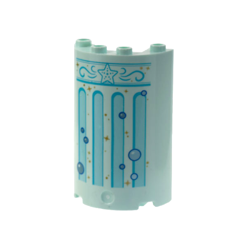 Деталь LEGO 85941pb024 Cylinder Half 2 x 4 x 5 with 1 x 2 Cutout with Medium Azure Star, Filigree, and Columns, Gold Sparkles, Metallic Light Blue Bubbles Pattern