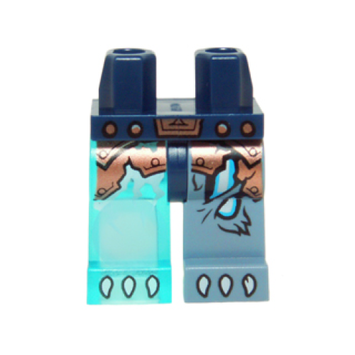 Деталь LEGO 970d26pb01 Hips and 1 Sand Blue Left Leg, 1 Trans-Light Blue Right Leg with Copper Armor, Glowing Bones and White Claws Pattern