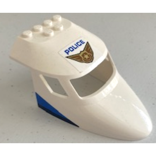 Деталь LEGO 87613pb020 Aircraft Fuselage Forward Top Curved 6 x 10 x 4 with 3 Window Panes with Blue 'POLICE' and Gold Badge with Wings on Top and Blue and Dark Blue Stripes Pattern on Both Sides (Stickers) - Set 60210