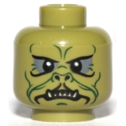 Minifigure, Head Alien SW Klatooinian with Dark Green Facial Lines, Chin Dimple and Wrinkles, Dark Bluish Gray Eye Shadow, Black Nostrils, Neutral with Sharp Lower Teeth Pattern