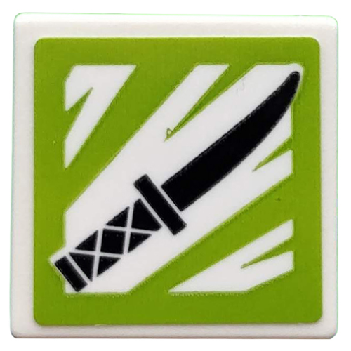 Деталь LEGO 15210pb060 Road Sign 2 x 2 Square with Open O Clip with Black Knife on Lime and White Background Pattern (Sticker) - Set 71708