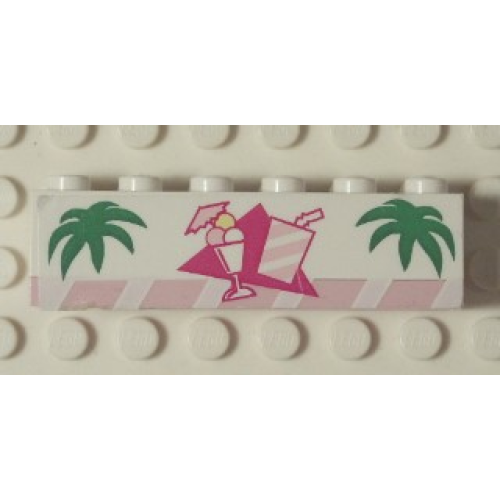Деталь LEGO BA036pb01 Stickered Assembly 6 x 1 x 1 1/3 with Palm Leaves, Ice Cream Cup and Drink Pattern (Sticker) - Set 6402 - 1 Brick 1 x 6, 1 Plate 1 x 6