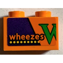 Brick 1 x 2 with 'wheezes' and Yellow Dots on Dark Purple Background, Partial Green Letter W Pattern (Sticker) - Set 75978