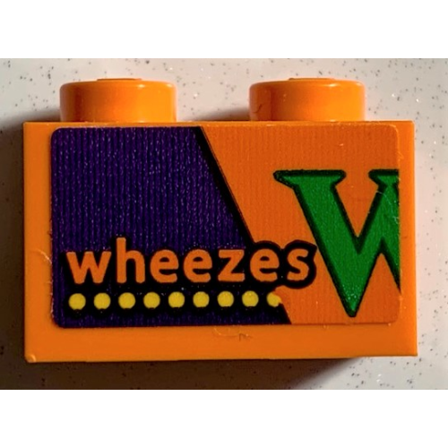 Деталь LEGO 3004pb244 Brick 1 x 2 with 'wheezes' and Yellow Dots on Dark Purple Background, Partial Green Letter W Pattern (Sticker) - Set 75978