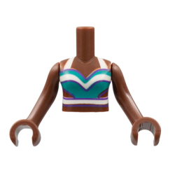 Torso Mini Doll Girl Dark Turquoise Tank Top with White Straps and Stripes, Dark Purple Trim Pattern, Reddish Brown Arms with Hands