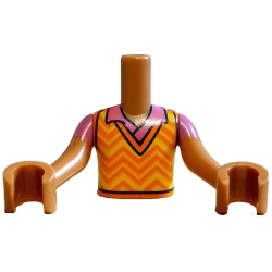 Torso Mini Doll Boy Yellow Vest with Bright Light Orange and Orange Zigzag Lines and Collar over Dark Pink Shirt Pattern, Medium Nougat Arms with Hands with Dark Pink Short Sleeves