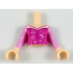 Torso Mini Doll Girl Dark Pink Top with Silver Stars and White Trim Pattern, Light Nougat Arms with Hands with Bright Pink Sleeves