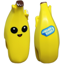 Minifigure, Head, Modified Peeled Banana with Face, Black Eyes, Open Mouth, Reddish Brown Top and 'NANA NANA' Label on Back Pattern