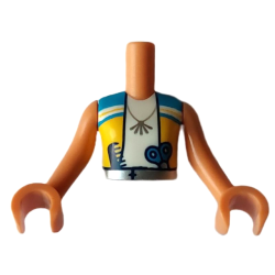 Torso Mini Doll Girl Dark Azure and Yellow Vest over White Shirt, Necklace, Scissors and Comb in Silver Belt Pattern, Nougat Arms with Hands