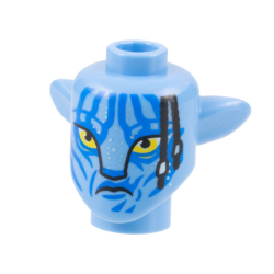 Minifigure, Head, Modified Alien Na'vi with Yellow Eyes, Silver Spots, Blue Markings, Black Braids, Frown Pattern Minifigure, Head, Modified Alien Na'vi with Yellow Eyes, Silver Spots, Blue Markings, Black Braids, Frown Pattern
