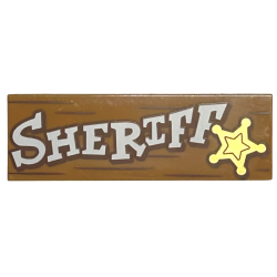 Tile 2 x 6 with White 'SHERIFF', Gold Star and Reddish Brown Wood Grain Lines Pattern