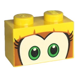 Brick 1 x 2 with Green and White Eyes with Long Black Eyelashes on Dark Orange Background Pattern (Super Mario Dixie Kong Upper Face)
