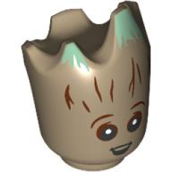 Minifigure, Head, Modified Groot with Reddish Brown Tree Bark, Sand Green Moss, Black Eyes with White Pupils and Open Mouth Pattern Minifigure, Head, Modified Groot with Reddish Brown Tree Bark, Sand Green Moss, Black Eyes with White Pupils and Open Mouth Pattern