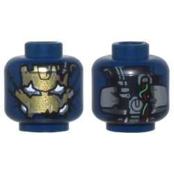 Minifigure, Head Alien Robot with Gold Fractured Face, White and Metallic Light Blue Jagged Eyes and Cheeks, Wires and Dark Bluish Gray Parts on Back Pattern