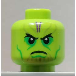Minifigure, Head Alien Skrull with Black Eyes and Frown, Bright Green Eye Shadow and Cheek Lines, and Dark Purple Markings on Forehead Pattern